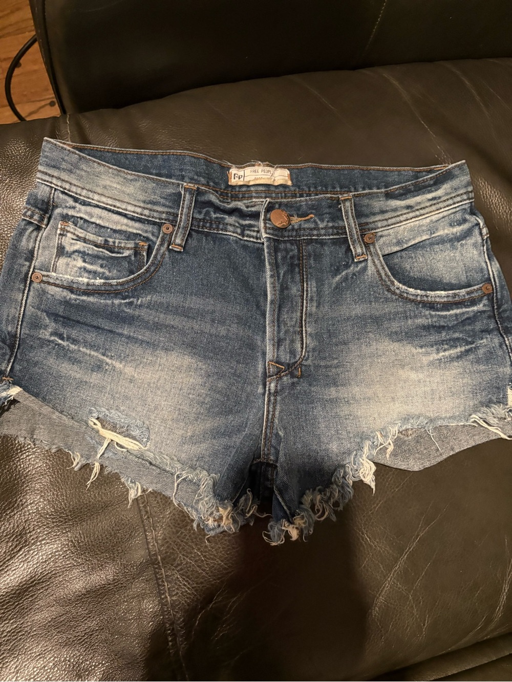 Free People Distressed Medium Blue Denim Cutoff Shorts